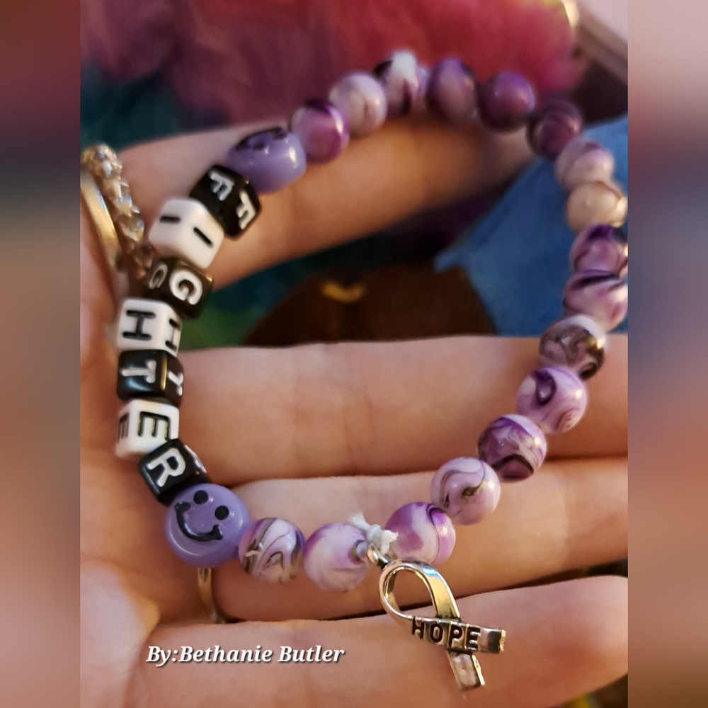 Cancer Purple Homemade Bead And Charm Bracelet "hope"